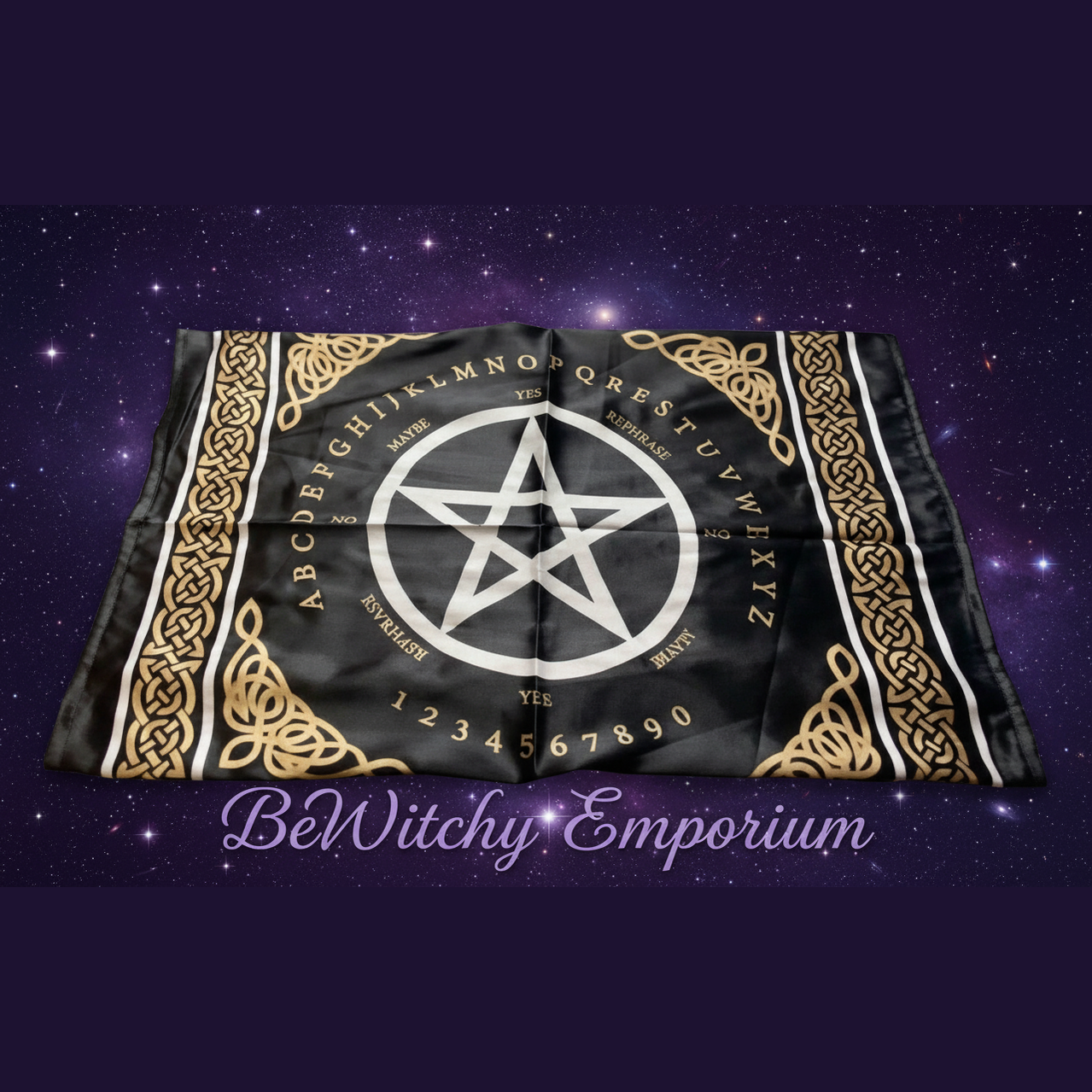 Exact Ouija board spirit board altar cloth with cosmic mystical styling and BeWitchy Emporium watermark
