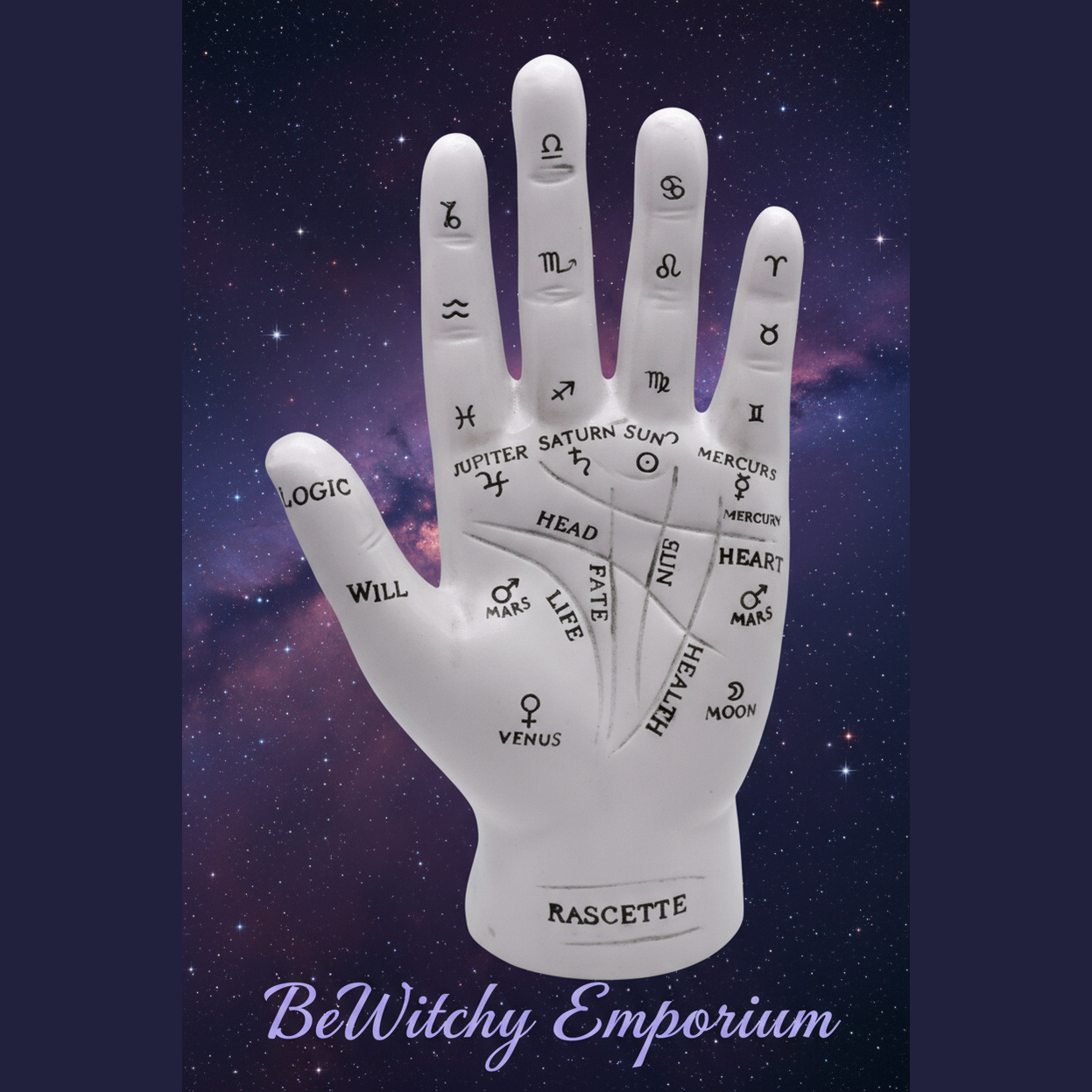 Exact palmistry hand with cosmic mystical styling and BeWitchy Emporium watermark