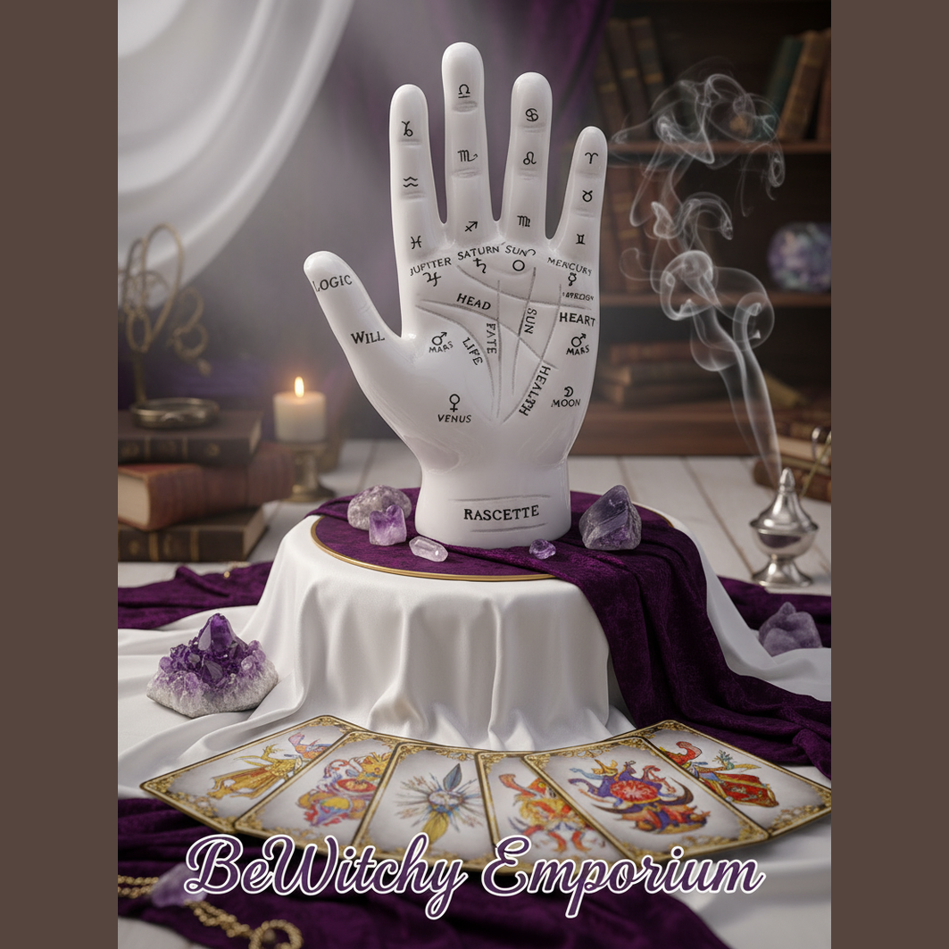Exact palmistry hand with premium divination sanctuary ambiance and BeWitchy Emporium watermark