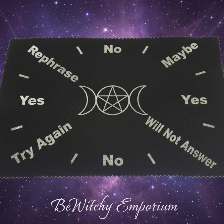 Exact pendulum divination mat with cosmic mystical styling and BeWitchy Emporium watermark