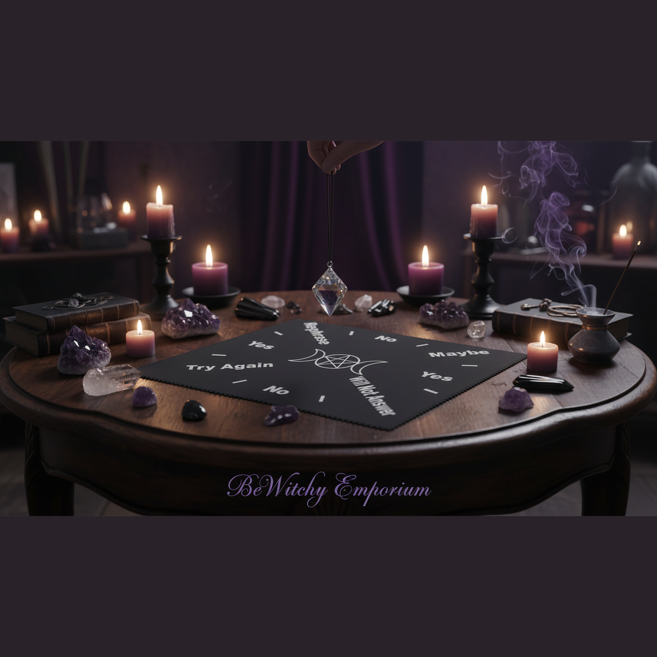 Exact pendulum divination mat with premium divination sanctuary ambiance and BeWitchy Emporium watermark