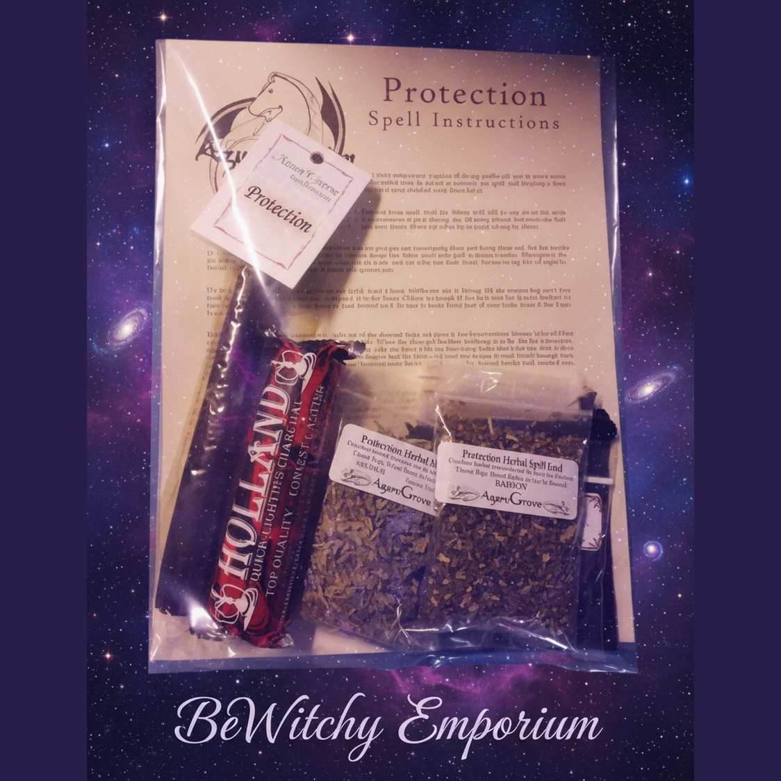 Exact Protection Spell Kit with cosmic mystical styling and BeWitchy Emporium watermark