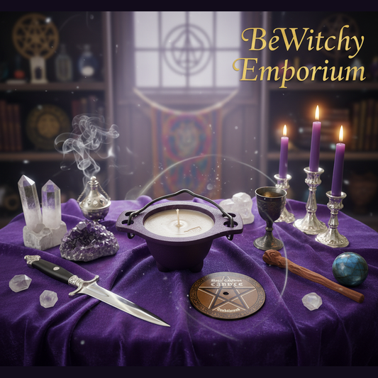 Exact purple altar candle holder set with premium altar ambiance and BeWitchy Emporium watermark