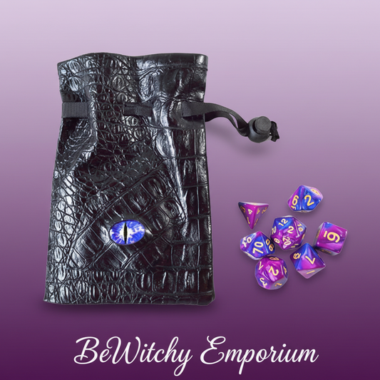Exact purple blue dice set with dragon bag with clean professional styling and BeWitchy Emporium watermark