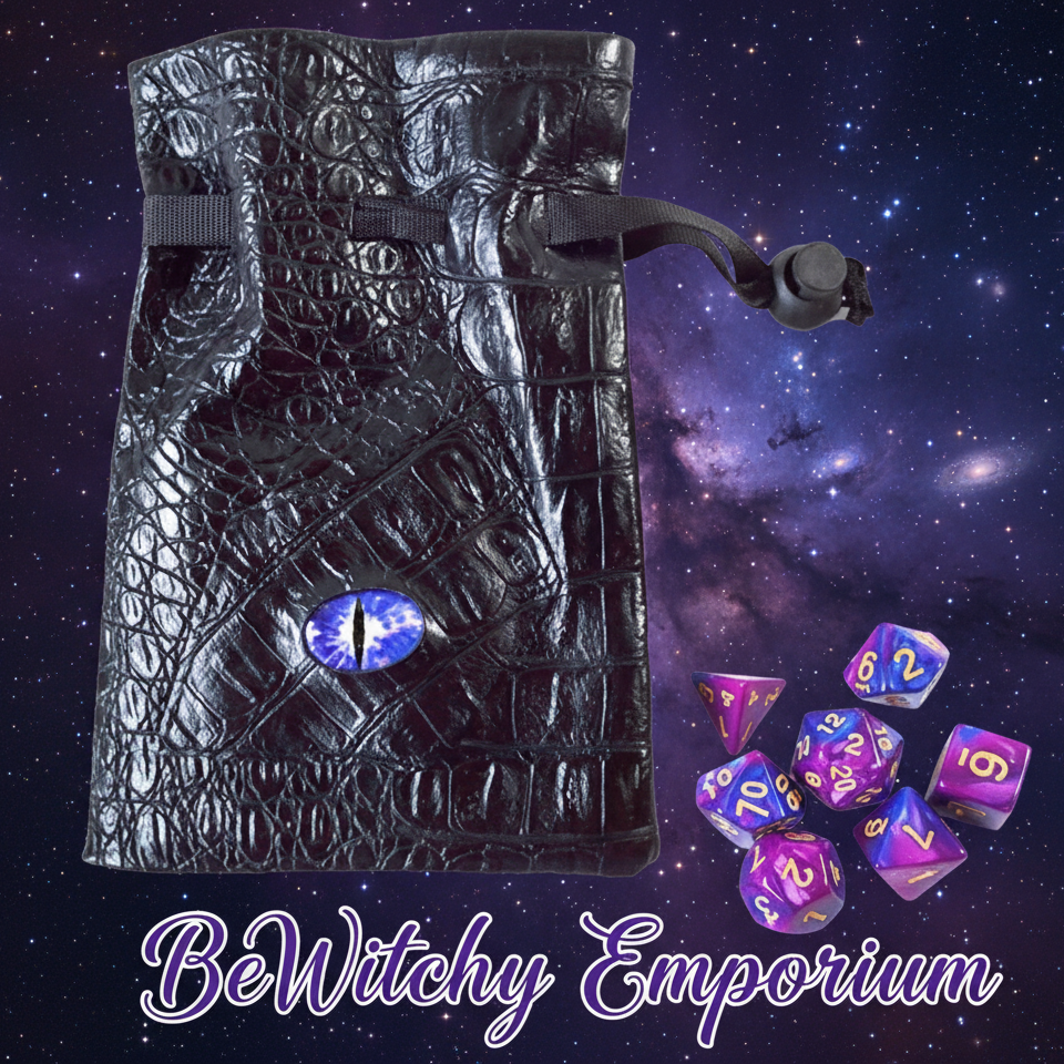 Exact purple blue dice set with dragon bag with cosmic mystical styling and BeWitchy Emporium watermark