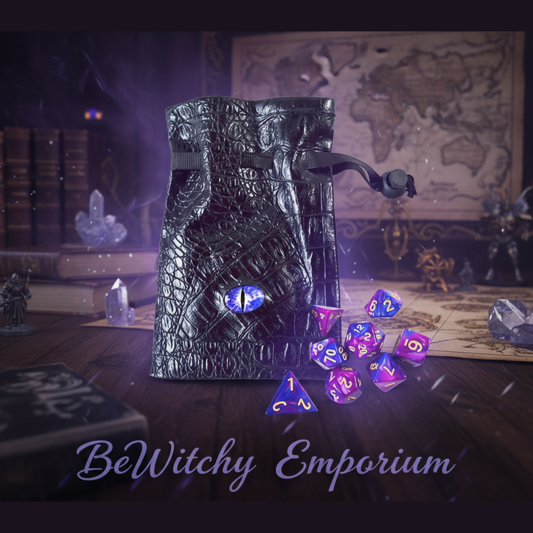 Exact purple blue dice set with dragon bag with premium gaming sanctuary ambiance and BeWitchy Emporium watermark