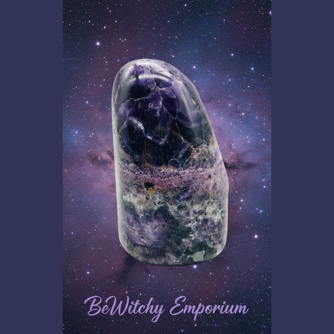 Exact purple fluorite tower with cosmic mystical styling and BeWitchy Emporium watermark