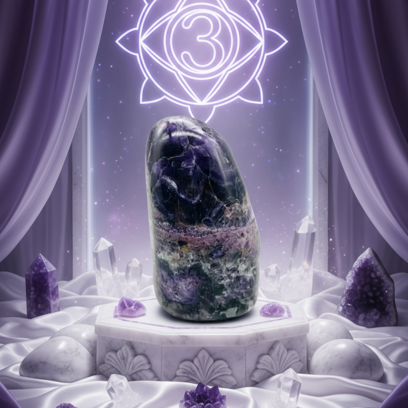 Exact purple fluorite tower with premium healing sanctuary ambiance and BeWitchy Emporium watermark
