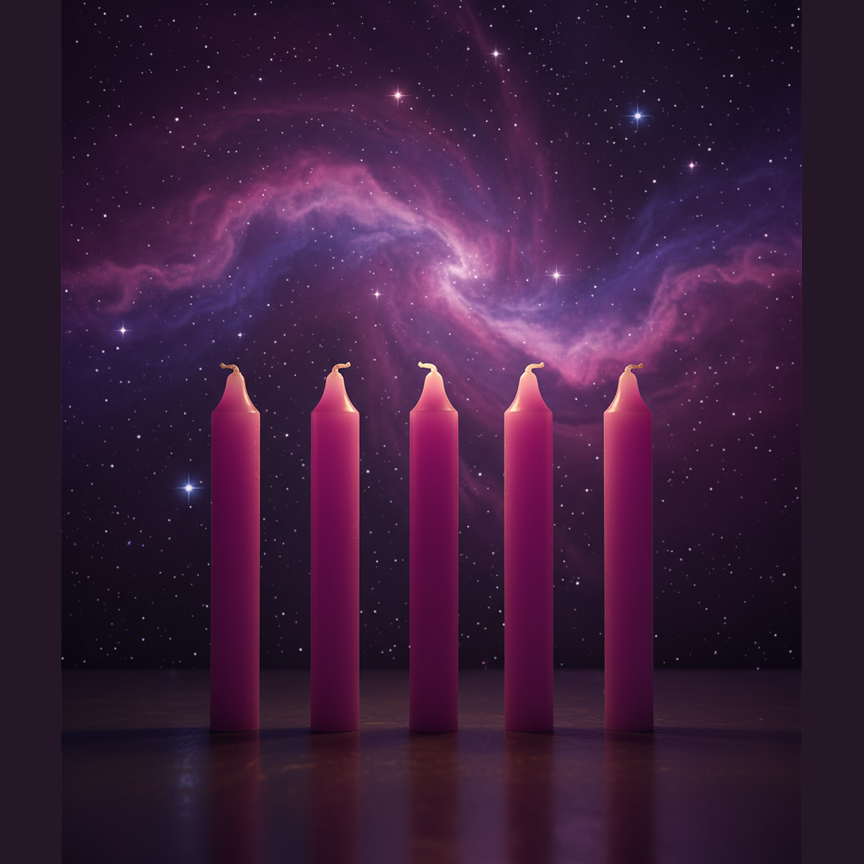 Exact purple mini spell candles with cosmic mystical styling and BeWitchy Emporium watermark