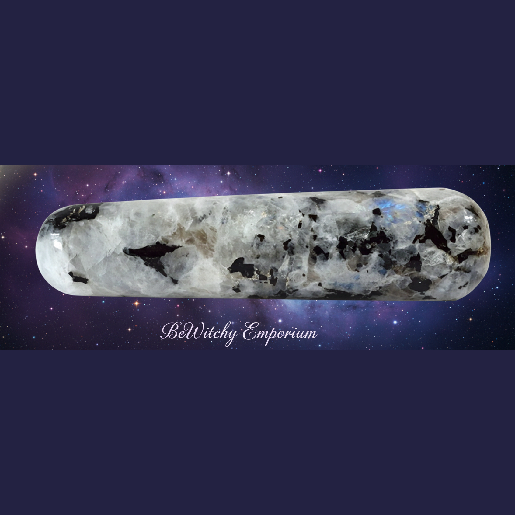 Exact rainbow moonstone massage wand with cosmic mystical styling and BeWitchy Emporium watermark