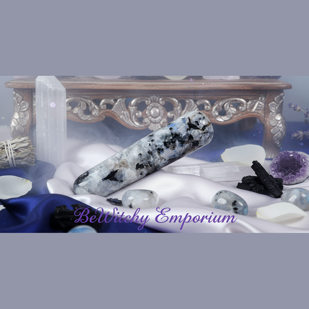 Exact rainbow moonstone massage wand with premium healing sanctuary ambiance and BeWitchy Emporium watermark
