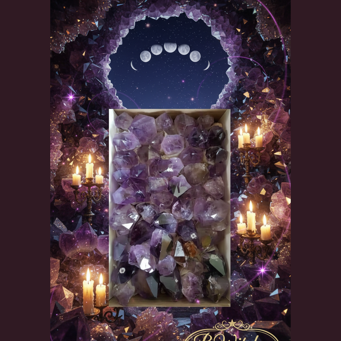 Exact raw amethyst crystals with professional mystical cave atmosphere
