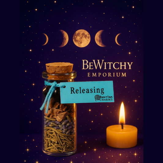 Exact Releasing spell jar with cosmic mystical styling and BeWitchy Emporium watermark