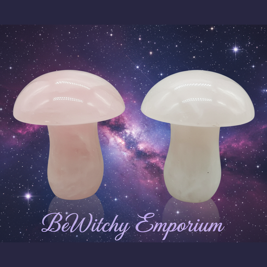 Exact rose quartz mushroom pair with cosmic mystical styling and BeWitchy Emporium watermark