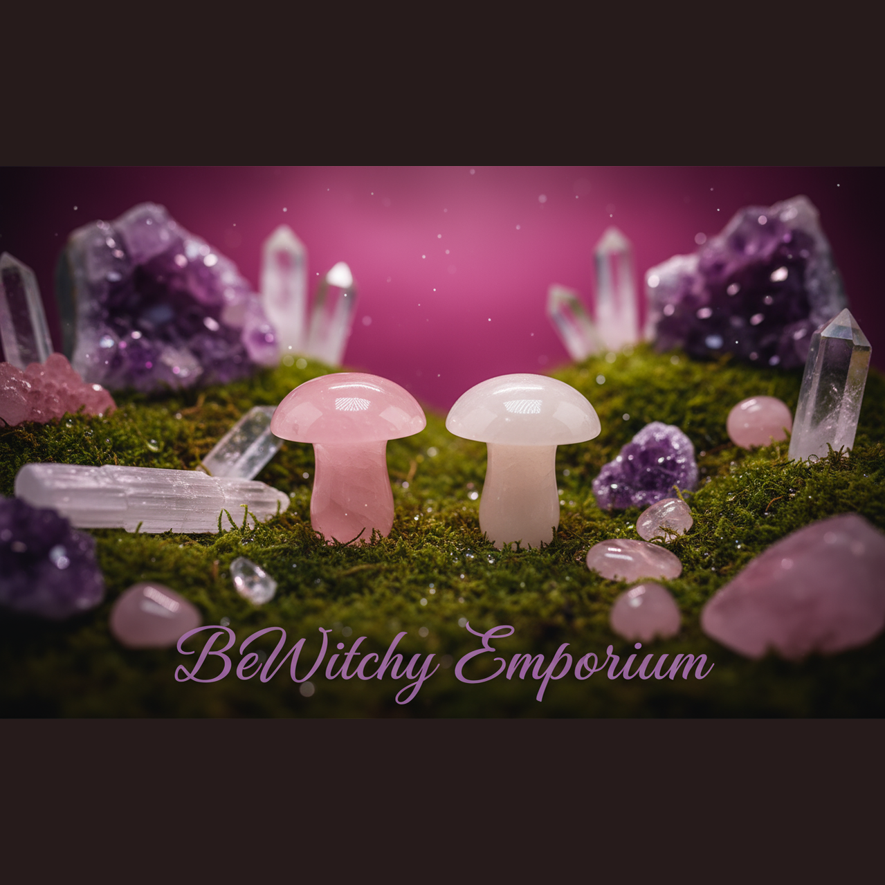 Exact rose quartz mushroom pair with premium fairy garden ambiance and BeWitchy Emporium watermark
