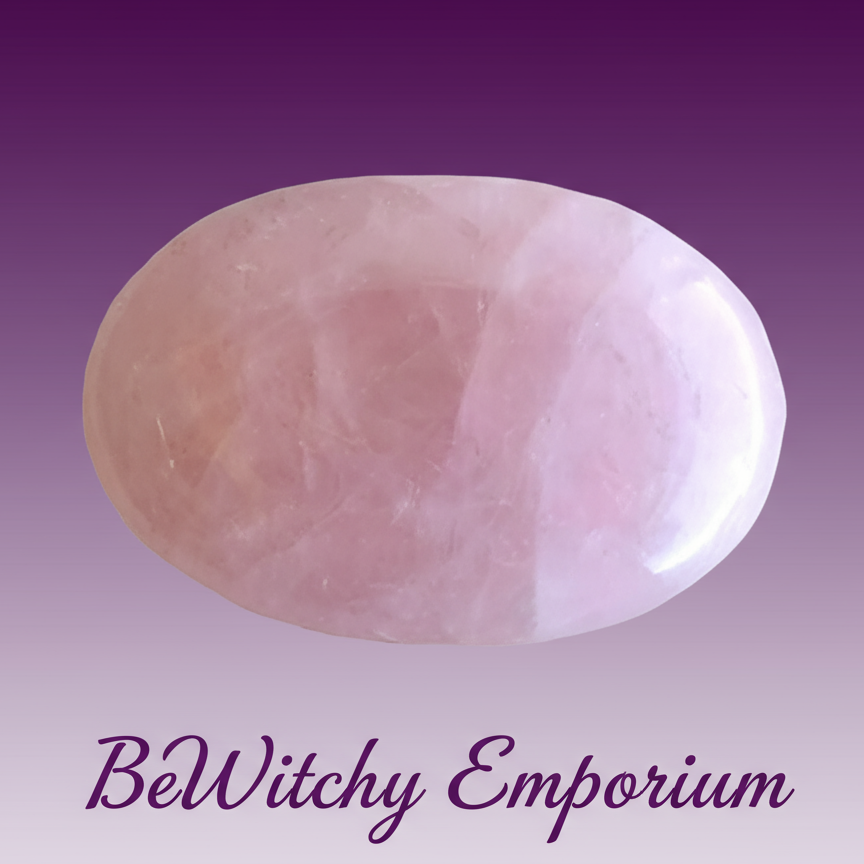 Exact rose quartz palm stone with clean professional styling and BeWitchy Emporium watermark