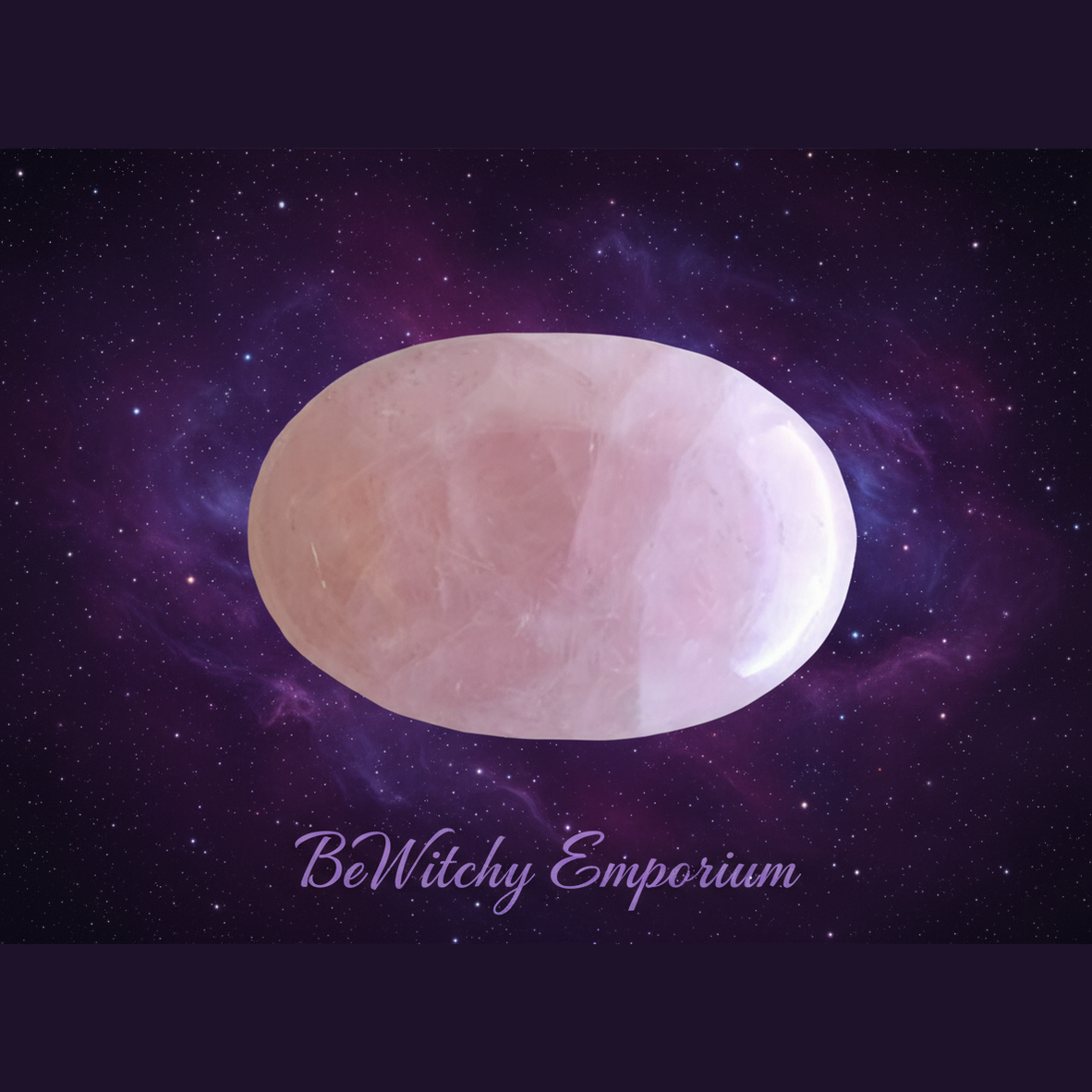 Exact rose quartz palm stone with cosmic mystical styling and BeWitchy Emporium watermark