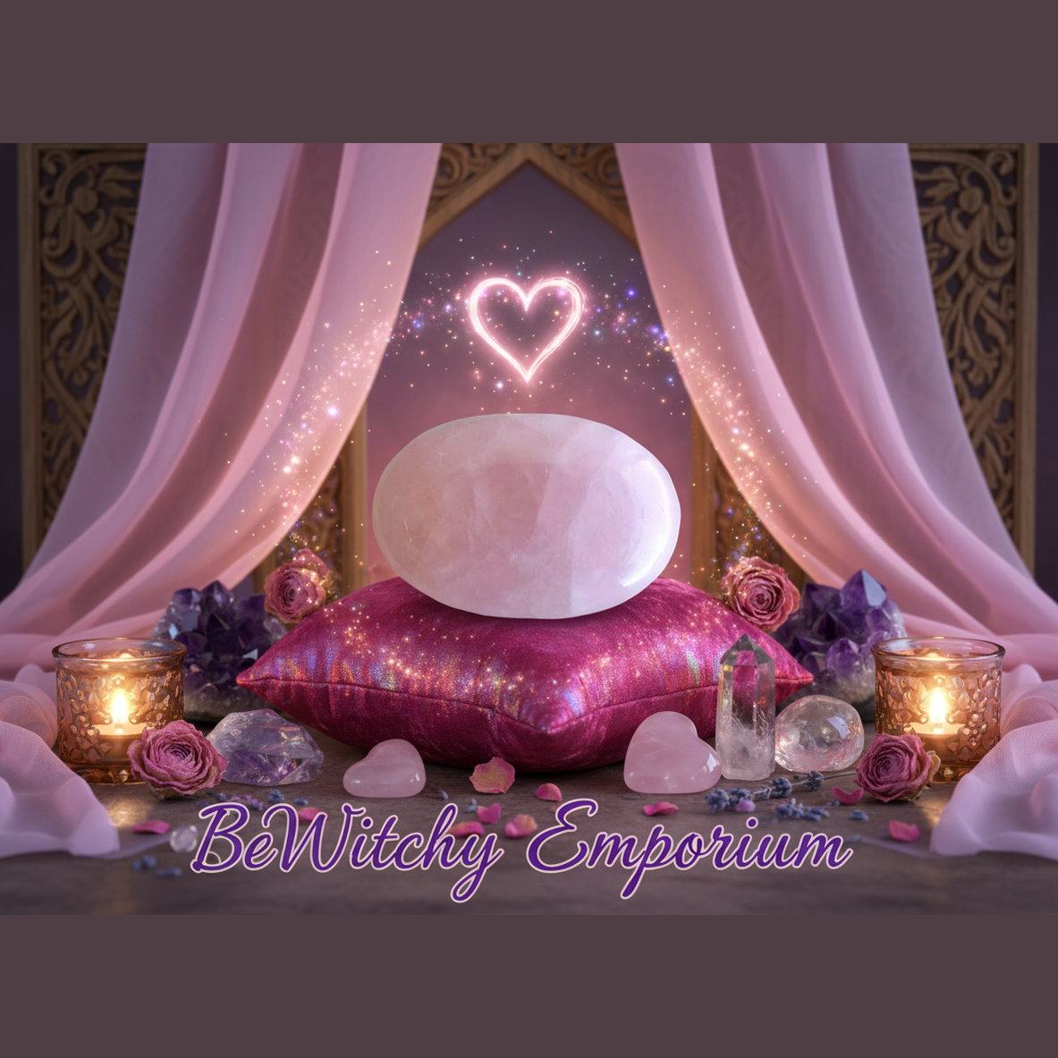 Exact rose quartz palm stone with premium healing sanctuary ambiance and BeWitchy Emporium watermark
