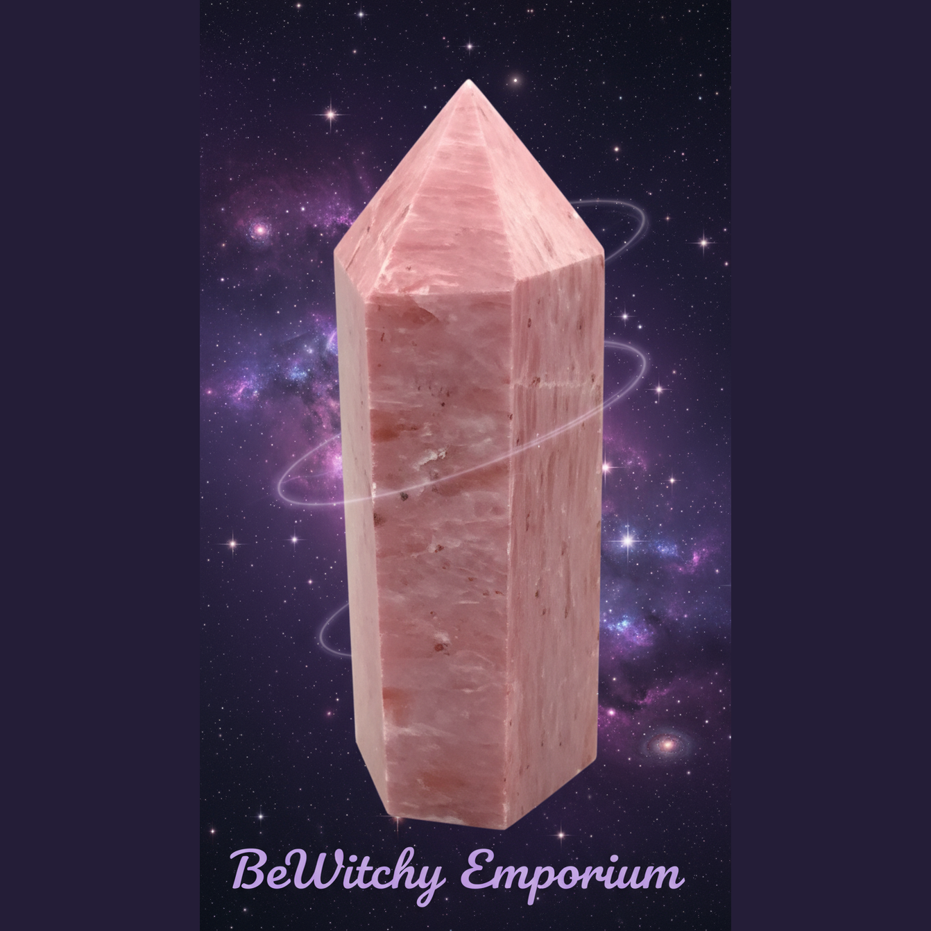 Exact rose quartz tower with cosmic mystical styling and BeWitchy Emporium watermark