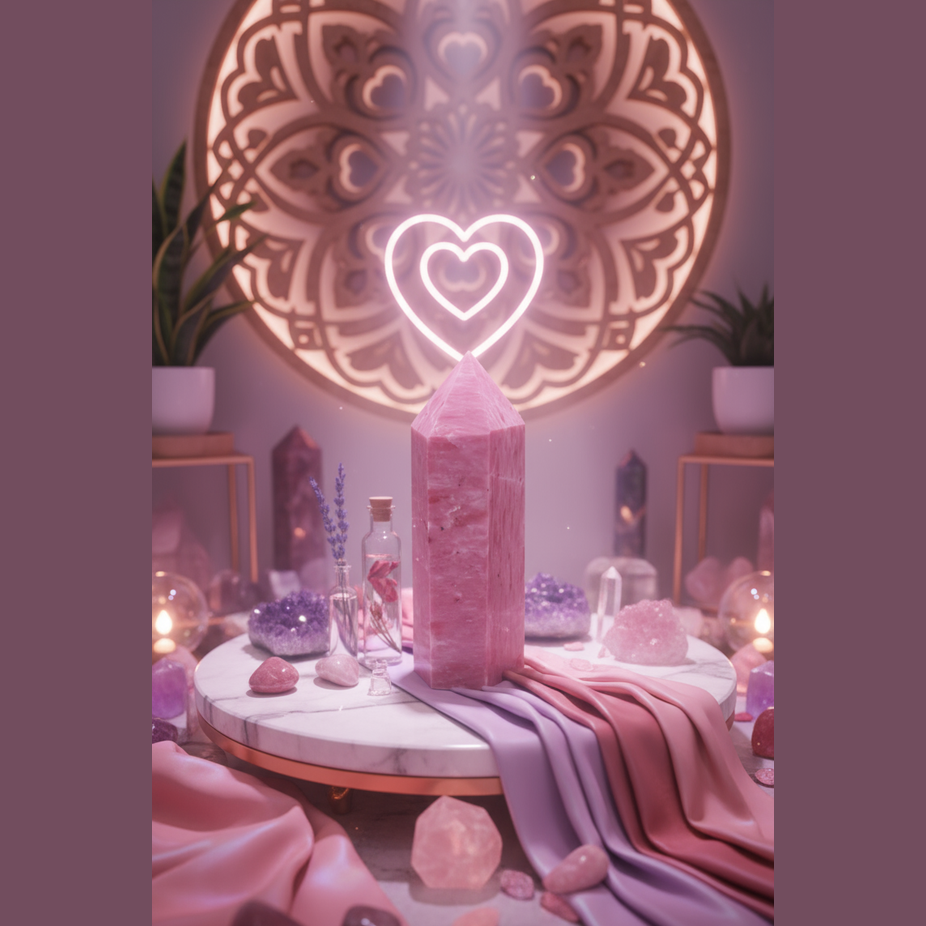 Exact rose quartz tower with premium healing sanctuary ambiance and BeWitchy Emporium watermark