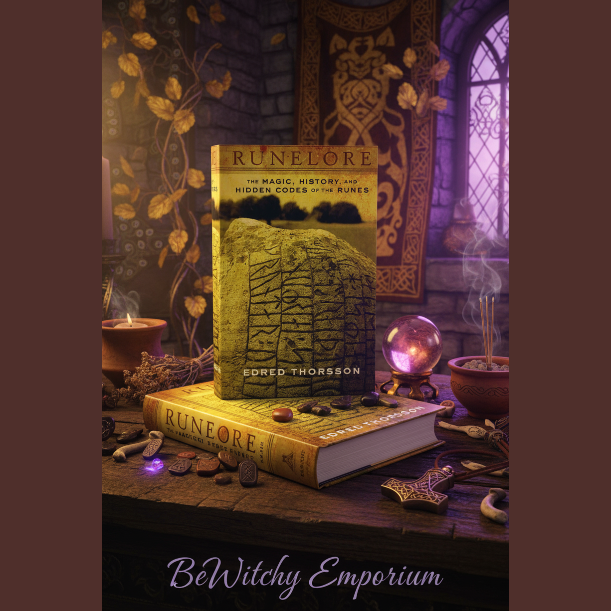 Exact Runelore book with premium Norse magic sanctuary ambiance and BeWitchy Emporium watermark