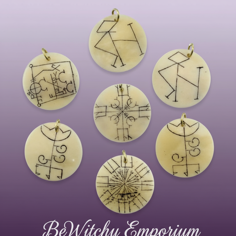 Exact seven brass planetary sigil pendants with clean professional styling and BeWitchy Emporium watermark