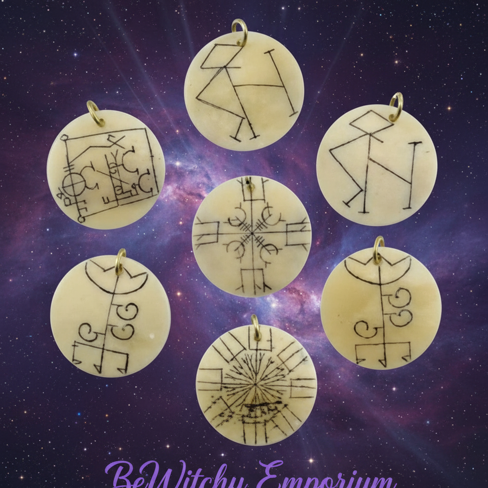 Exact seven brass planetary sigil pendants with cosmic mystical styling and BeWitchy Emporium watermark