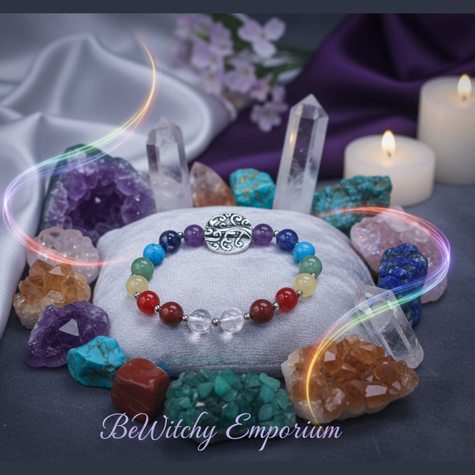 Exact seven chakra bracelet with Tree of Life charm with premium healing sanctuary ambiance and BeWitchy Emporium watermark