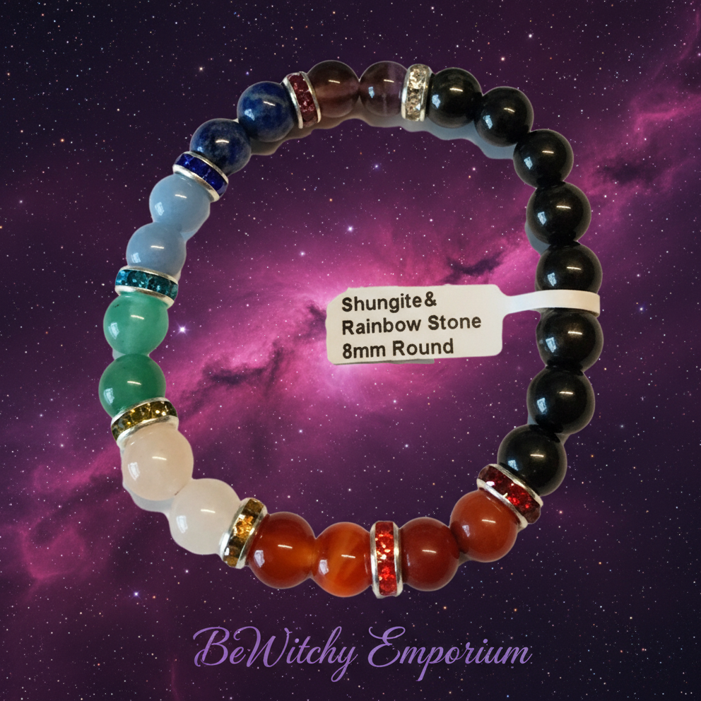 Exact shungite rainbow stone bracelet with cosmic mystical styling and BeWitchy Emporium watermark