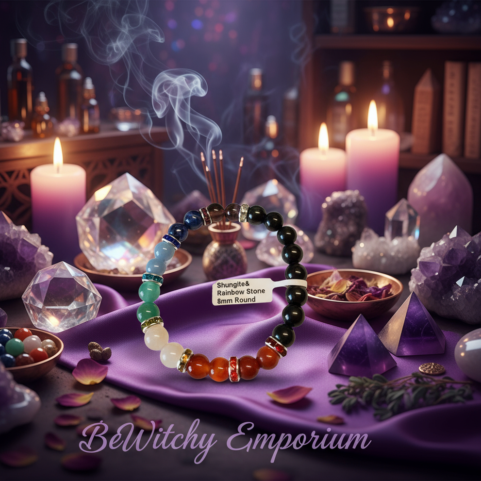 Exact shungite rainbow stone bracelet with premium healing sanctuary ambiance and BeWitchy Emporium watermark