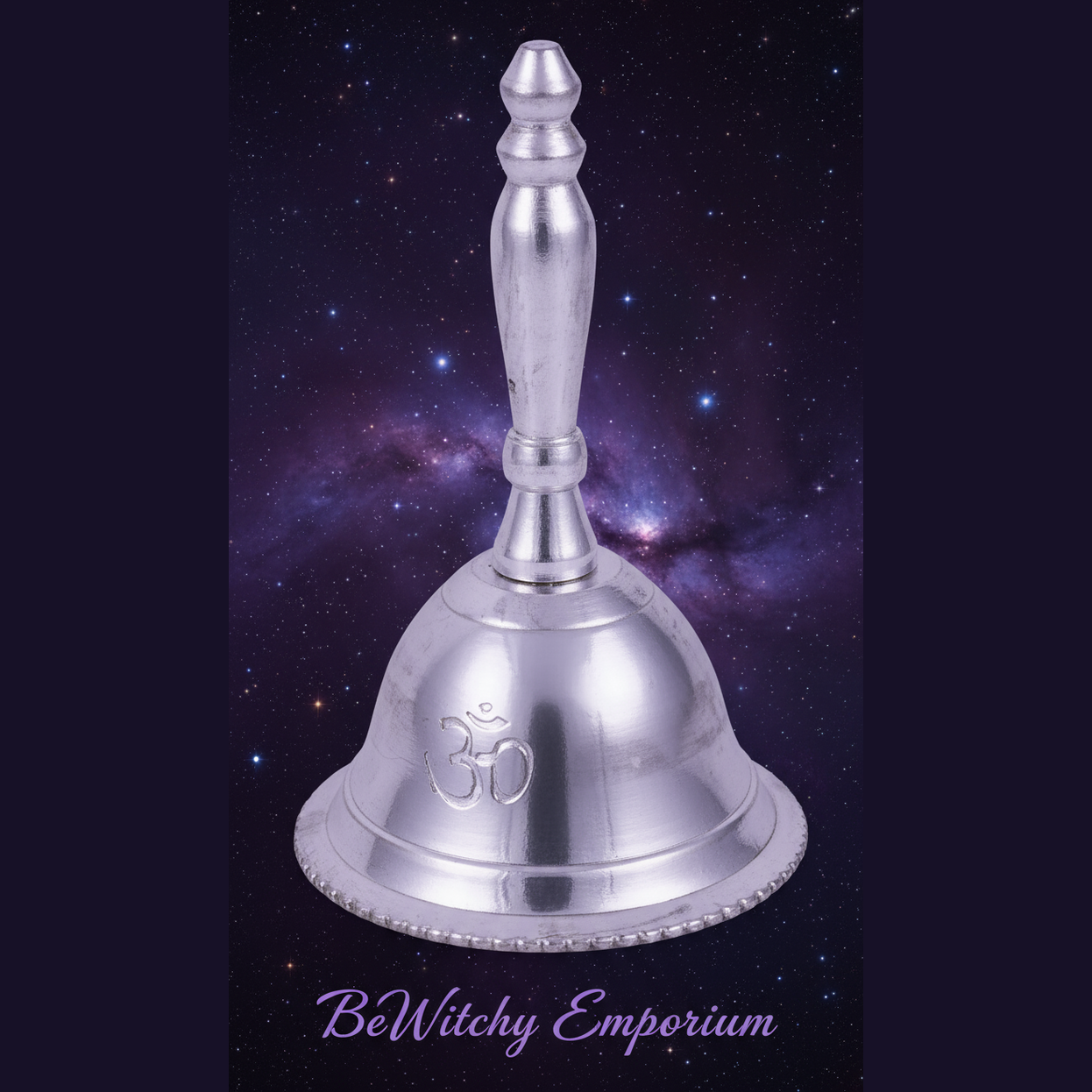 Exact silver altar bell with cosmic mystical styling and BeWitchy Emporium watermark