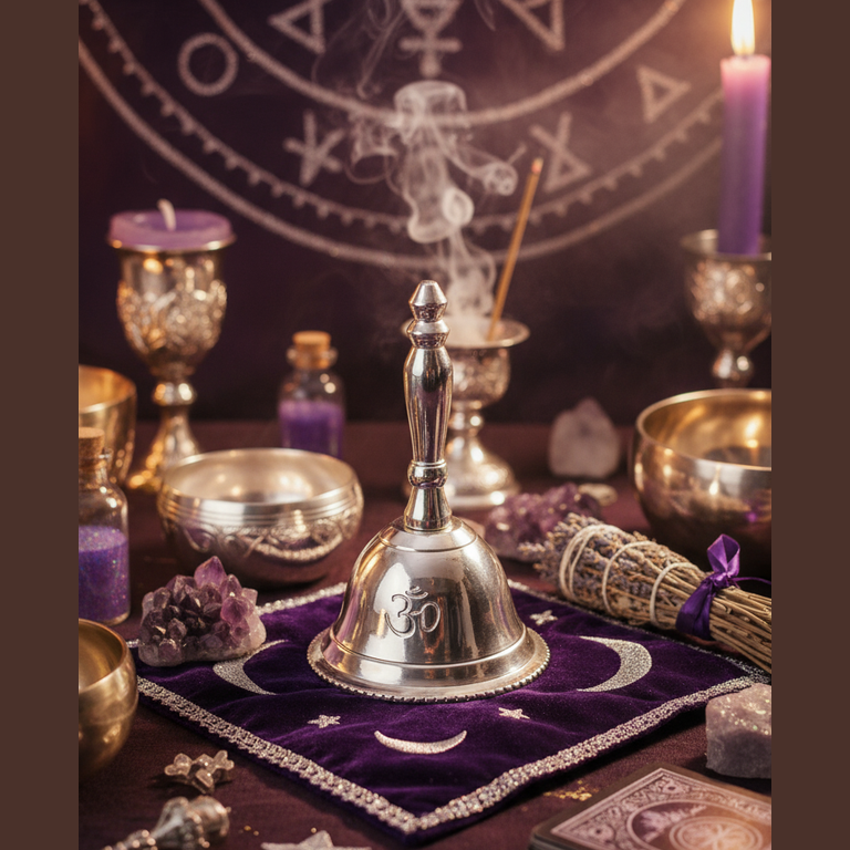 Exact silver altar bell with premium witchcraft altar sanctuary ambiance and BeWitchy Emporium watermark