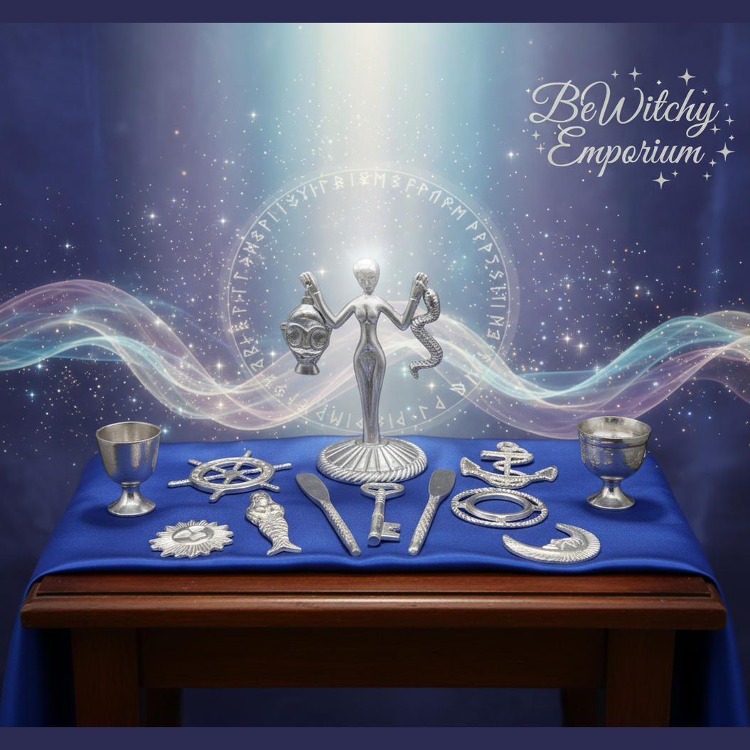 Exact silver altar tool set with divine energy effects