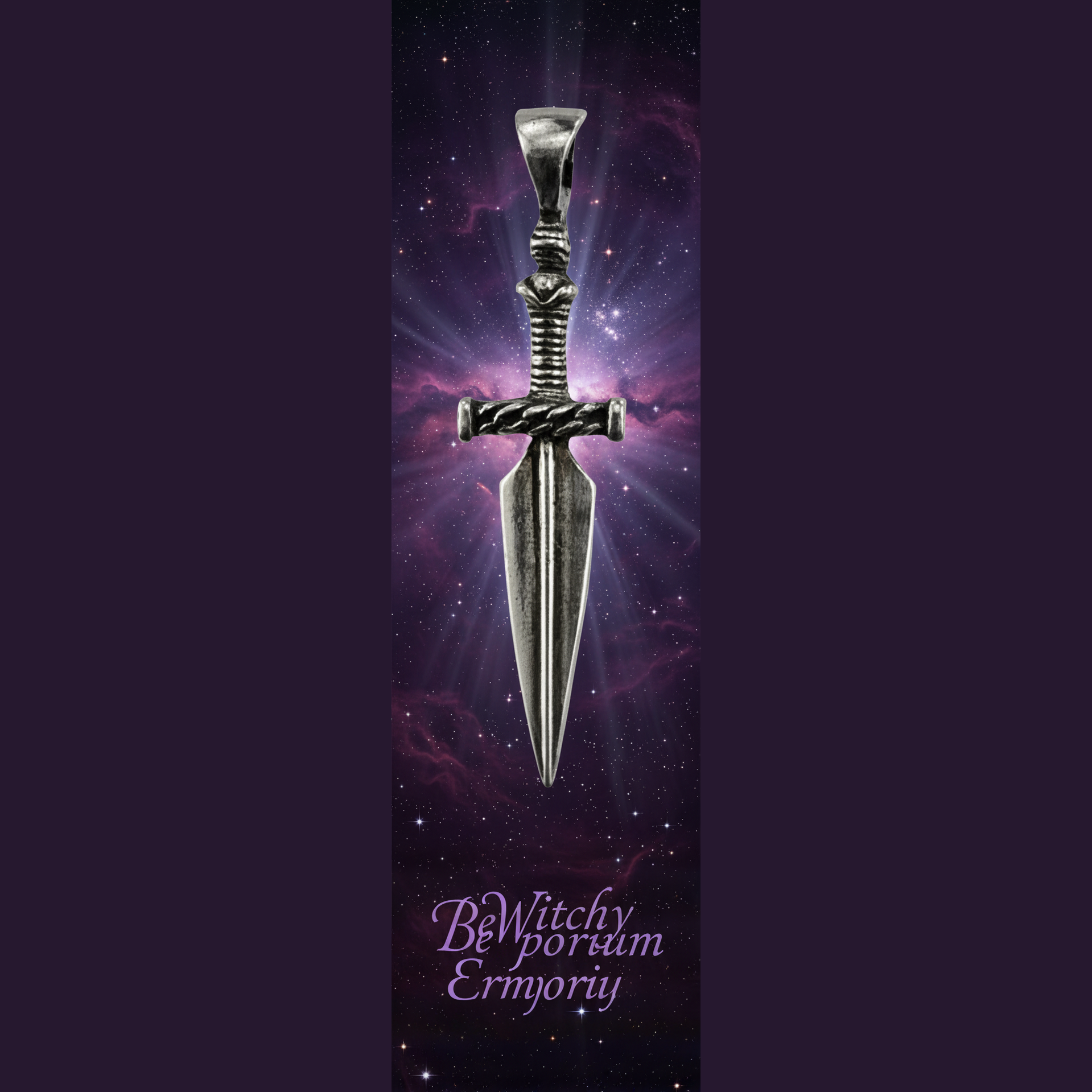 Exact silver athame dagger pendant with cosmic mystical styling and BeWitchy Emporium watermark