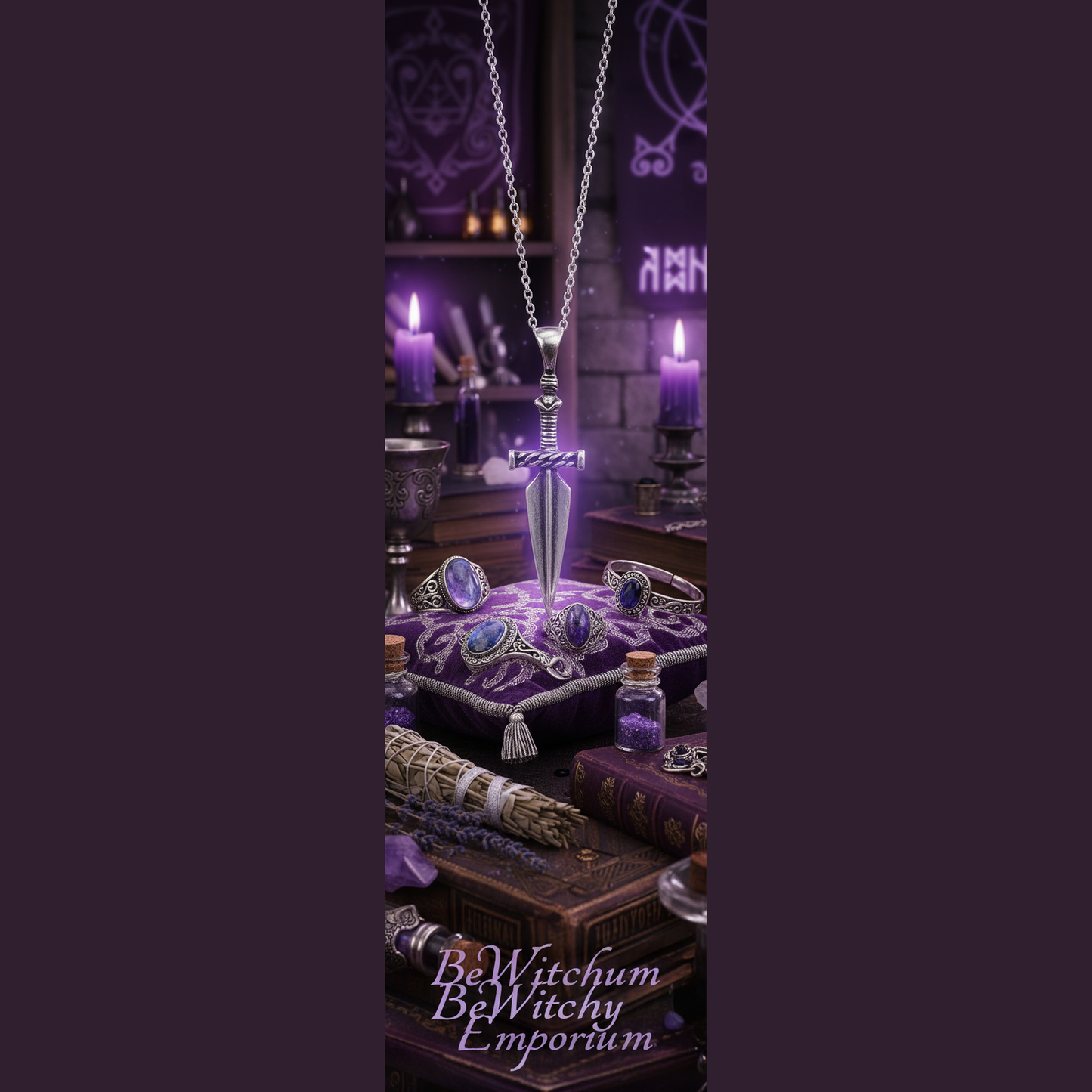 Exact silver athame dagger pendant with premium witchcraft jewelry sanctuary ambiance and BeWitchy Emporium watermark