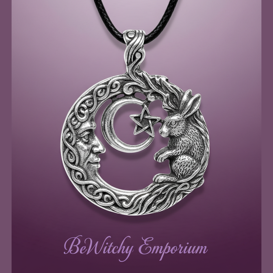 Exact silver Celtic moon and hare pendant with clean professional styling and BeWitchy Emporium watermark
