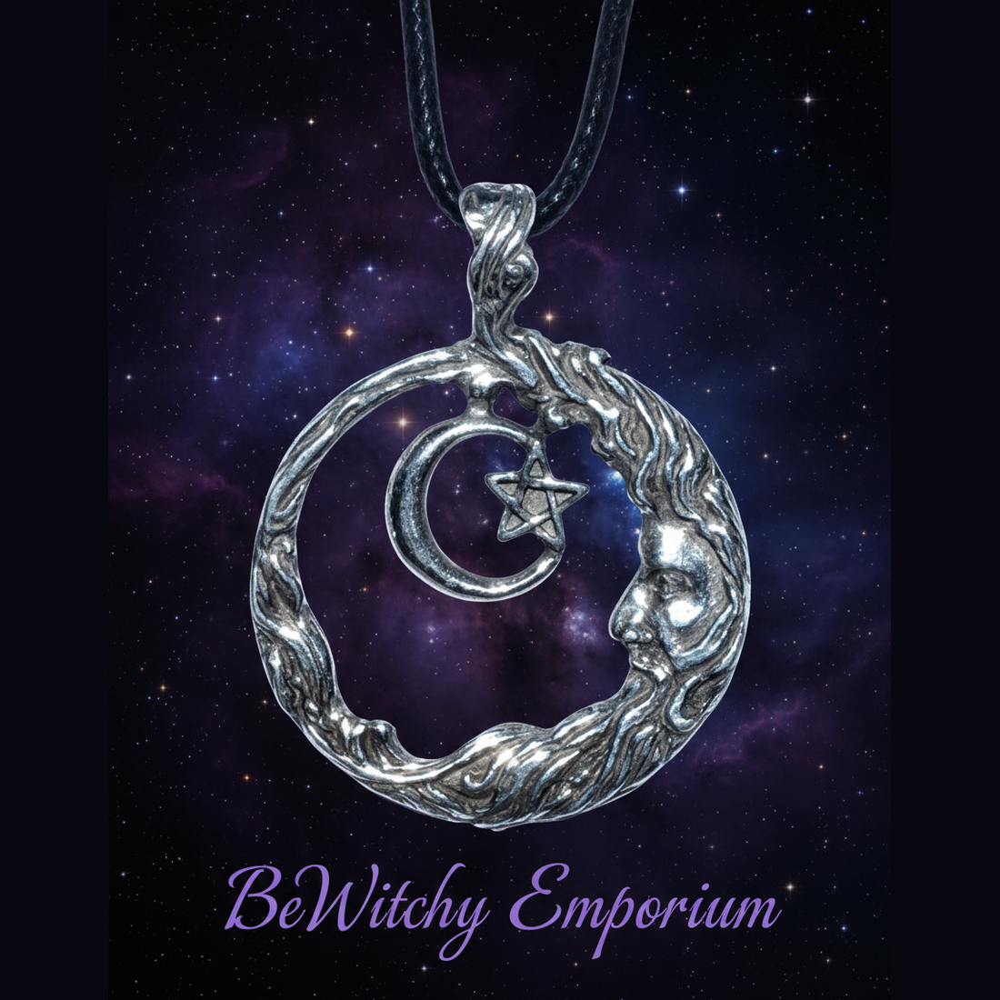 Exact silver Celtic moon and hare pendant with cosmic mystical styling and BeWitchy Emporium watermark