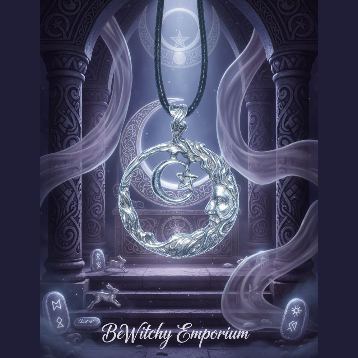 Exact silver Celtic moon and hare pendant with premium Celtic moon sanctuary ambiance and BeWitchy Emporium watermark