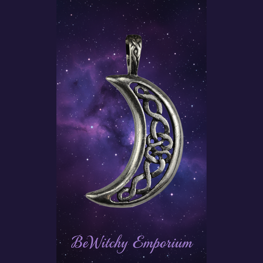Exact silver Celtic moon pendant with cosmic mystical styling and BeWitchy Emporium watermark