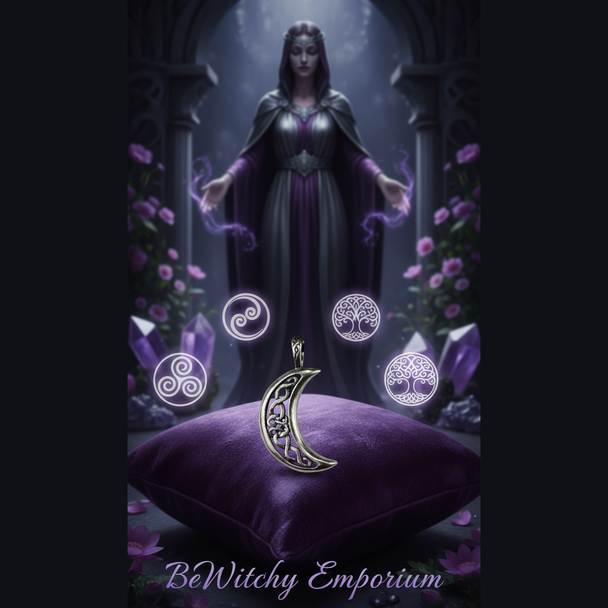 Exact silver Celtic moon pendant with premium Celtic moon sanctuary ambiance and BeWitchy Emporium watermark