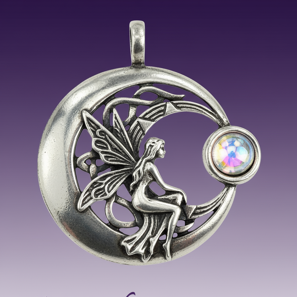 Exact silver crescent moon fairy pendant with clean professional styling and BeWitchy Emporium watermark