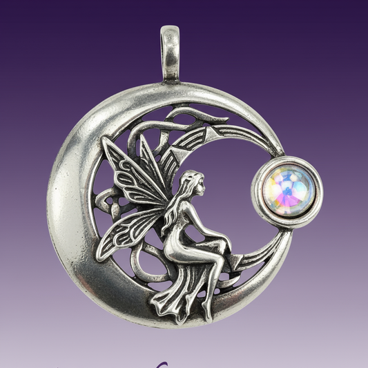 Exact silver crescent moon fairy pendant with clean professional styling and BeWitchy Emporium watermark