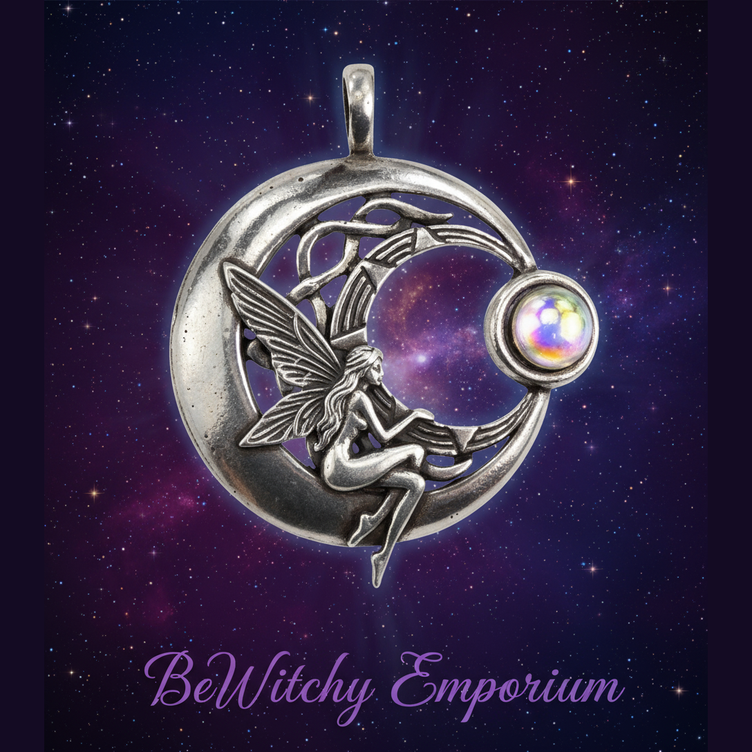 Exact silver crescent moon fairy pendant with cosmic mystical styling and BeWitchy Emporium watermark