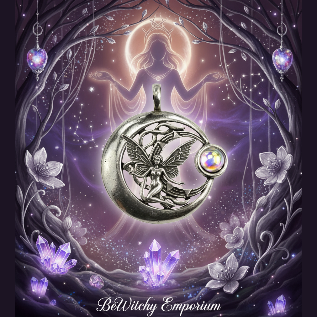 Exact silver crescent moon fairy pendant with premium fairy magic sanctuary ambiance and BeWitchy Emporium watermark