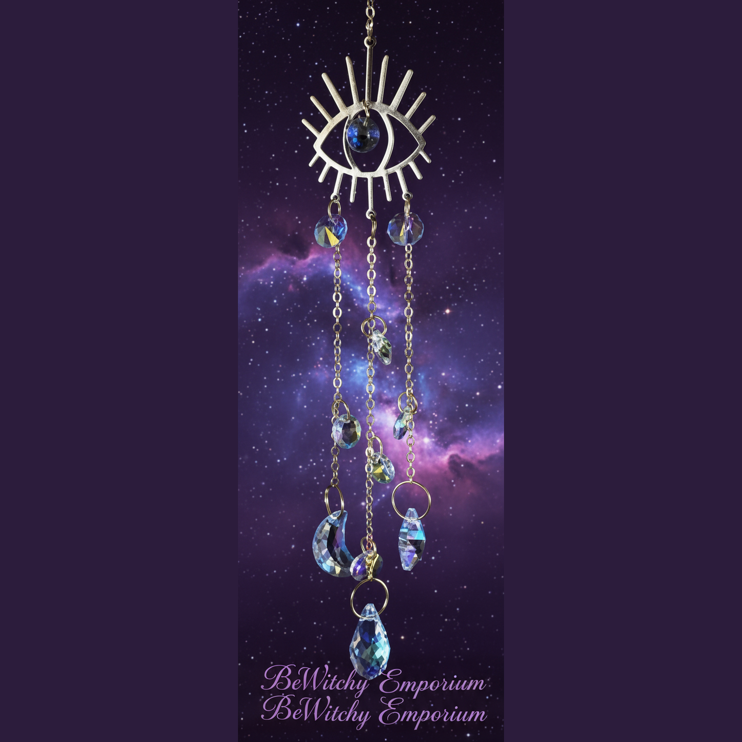 Exact silver evil eye sun catcher with cosmic mystical styling and BeWitchy Emporium watermark