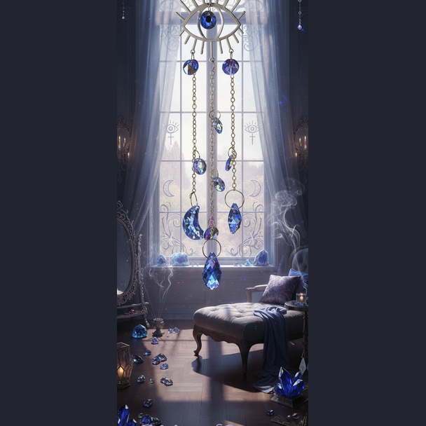 Exact silver evil eye sun catcher with premium protection sanctuary ambiance and BeWitchy Emporium watermark