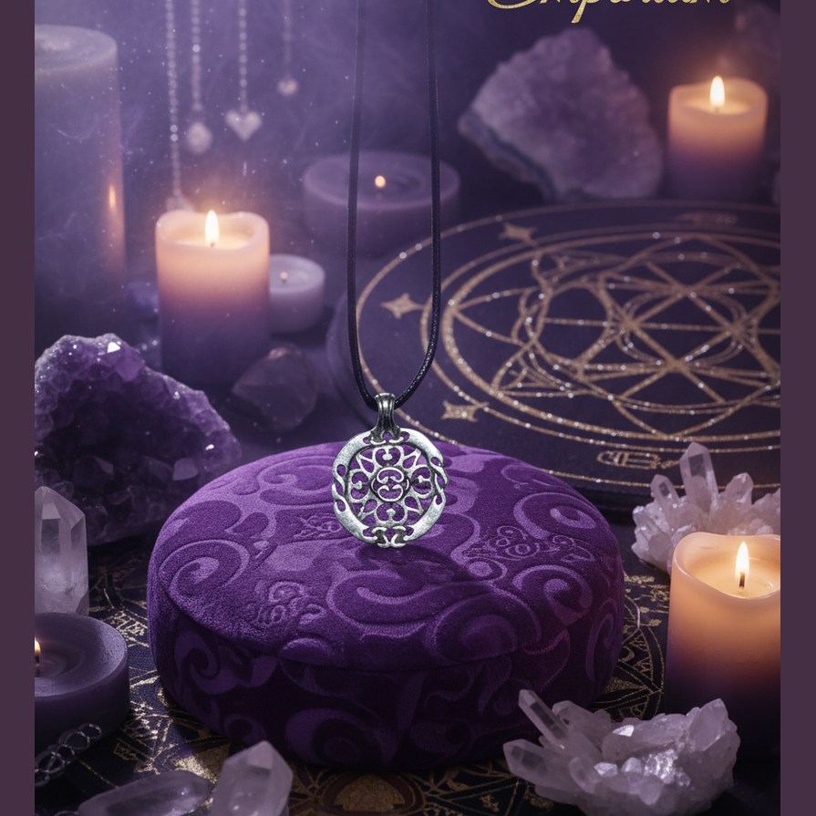 Exact silver filigree mandala pendant with premium sacred geometry ambiance and BeWitchy Emporium watermark