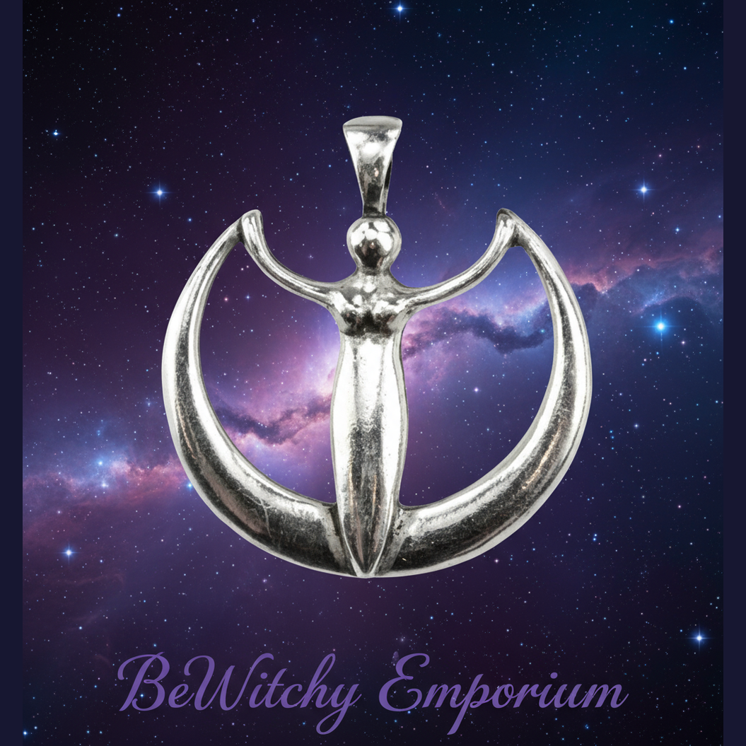 Exact silver goddess moon pendant with cosmic mystical styling and BeWitchy Emporium watermark