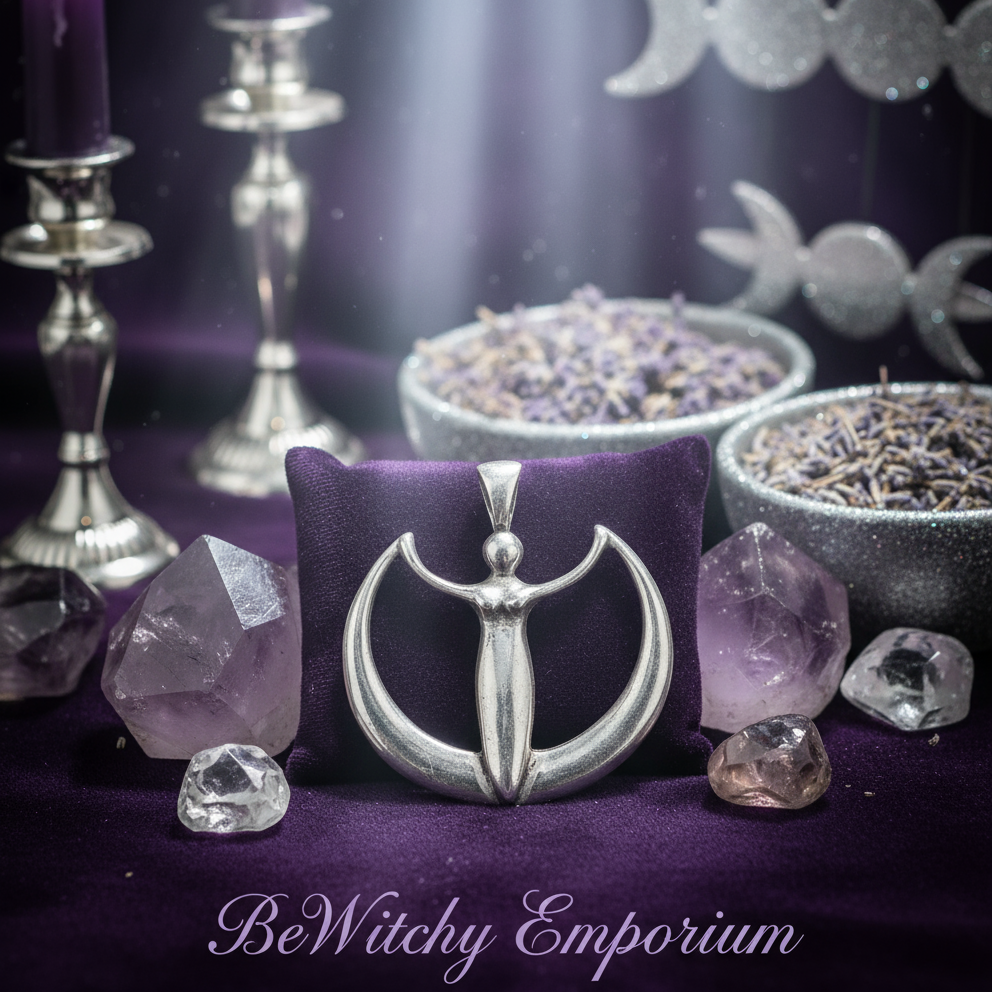 Exact silver goddess moon pendant with premium moon goddess sanctuary ambiance and BeWitchy Emporium watermark