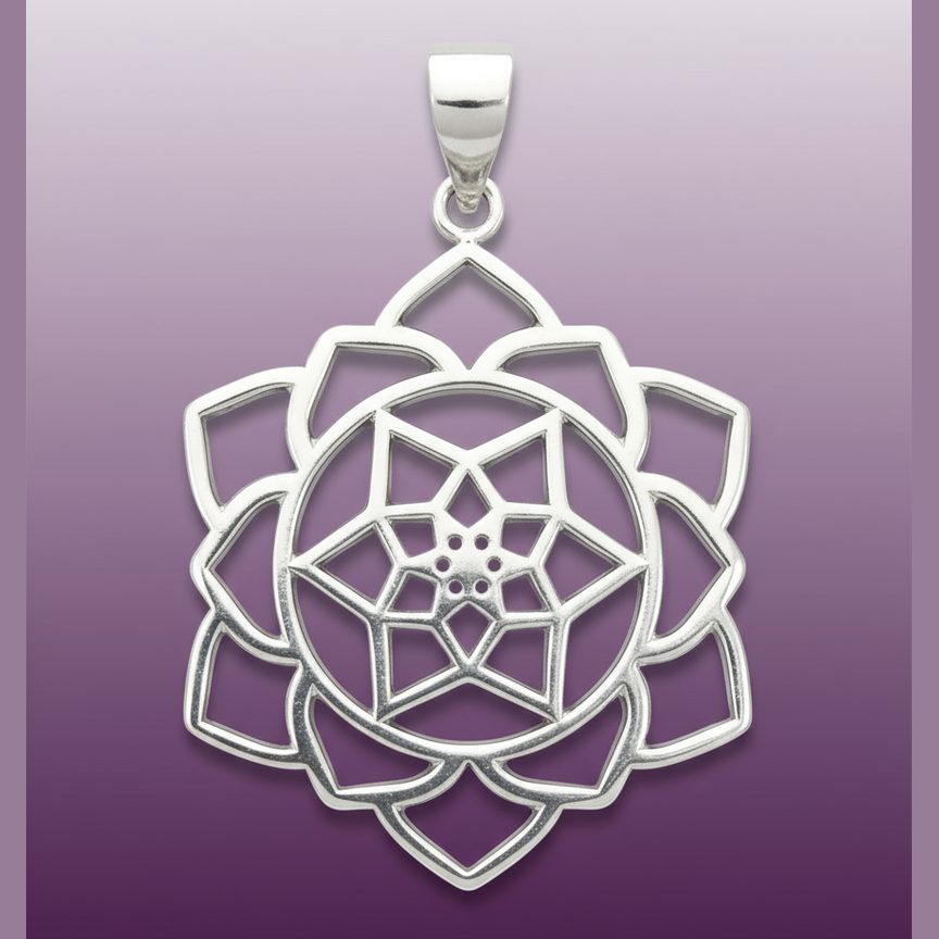 Exact silver lotus mandala pendant with clean professional styling and BeWitchy Emporium watermark